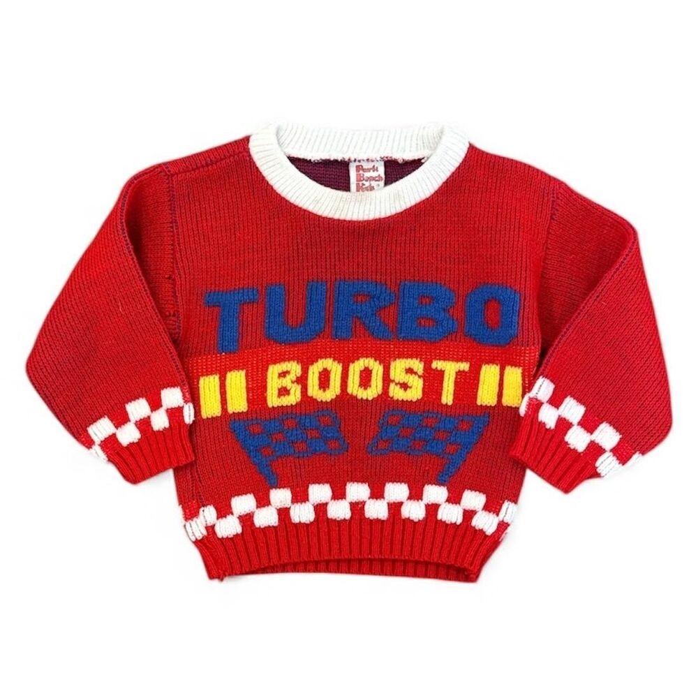 VTG Park Bench Kids Sweater 4T Red Turbo Boost Racing Checkered Made USA 80s 90s
